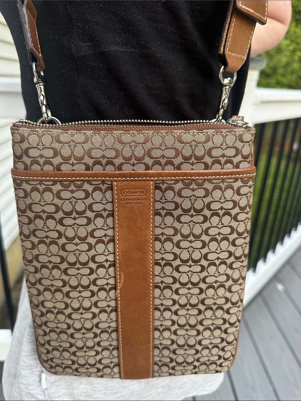 Coach CC Tan Canvas Leather Trim Crossbody Messenger Bag